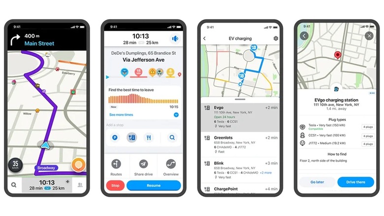 Waze EV charging feature screenshots