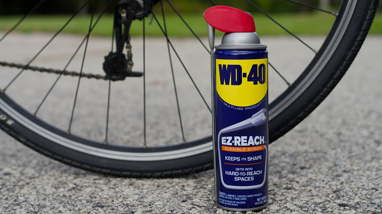 Can of WD-40 sitting in front of a bicycle chain and tire.