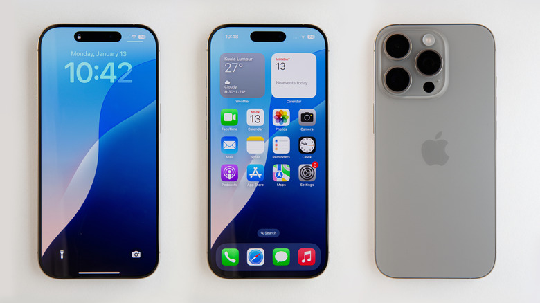 three iphones, one showing main Apple apps