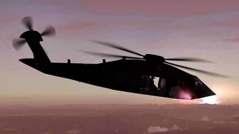 A rendering of the MH-60 Silent Hawk flying at sunset