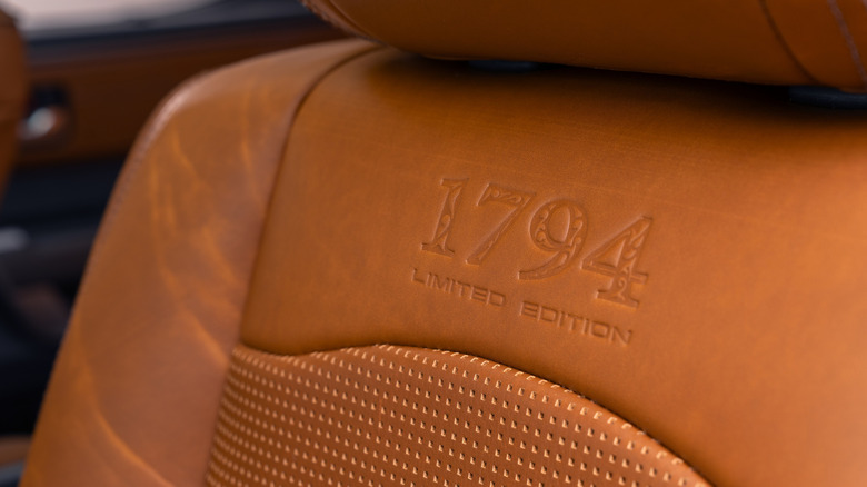 Close-up of 1794 Edition embossed into seat leather
