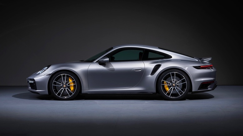 Side view of a 992 Porsche 911 Turbo S showing the ceramic brake discs