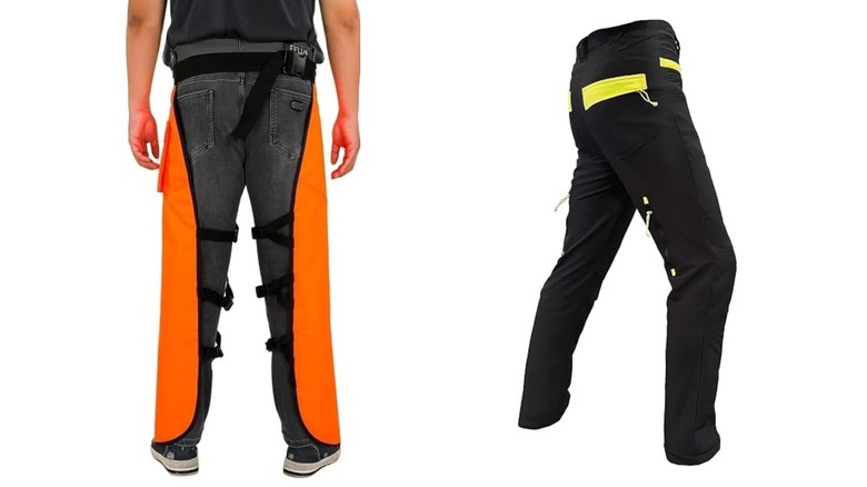A split image showing chainsaw chaps with open back on the left and chainsaw pants on the right.