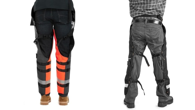 A split image with class A chainsaw chaps on the left and class B on the right.