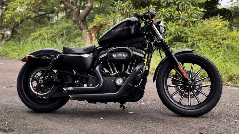 Profile shot of Harley Davidson equipped with drag bars