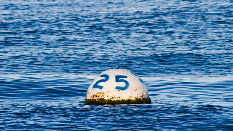 White buoy with 25 paited on it floating out in open blue water
