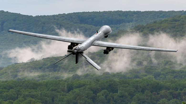 Unmanned military aircraft flying