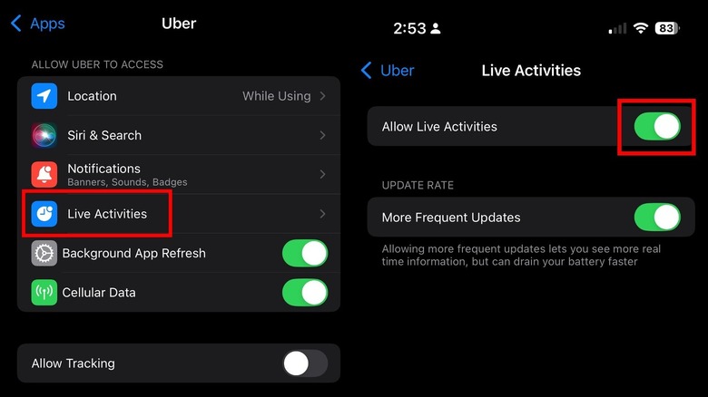 Apple iPhone menus for disabling Live Activities