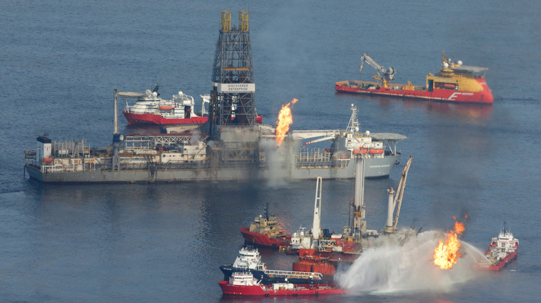 Firefighting boats around the remains of the BP Deepwater Horizon oil platform.