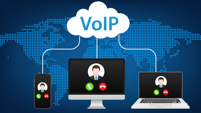 VoIP voice over IP illustration smartphone laptop network.