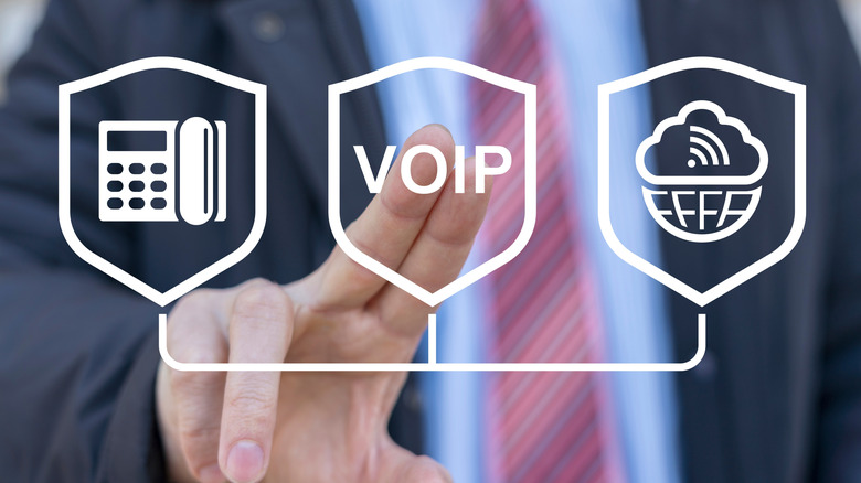 Concept of VOIP telecommunication. Business person using virtual touch screen presses abbreviation: