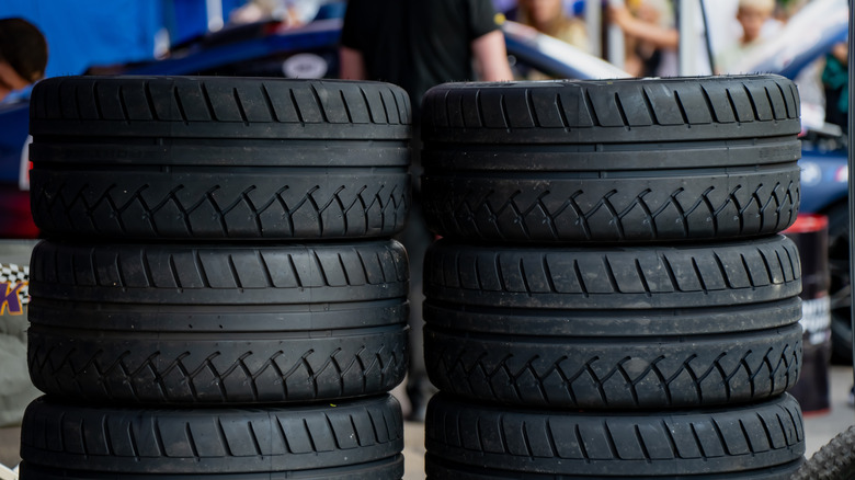 Competition drift tires stacked together