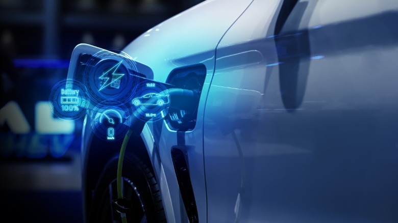 An electric vehicle plugged in to a charger