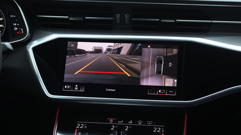 Interior of premium car with rearview camera dynamic trajectory turning lines