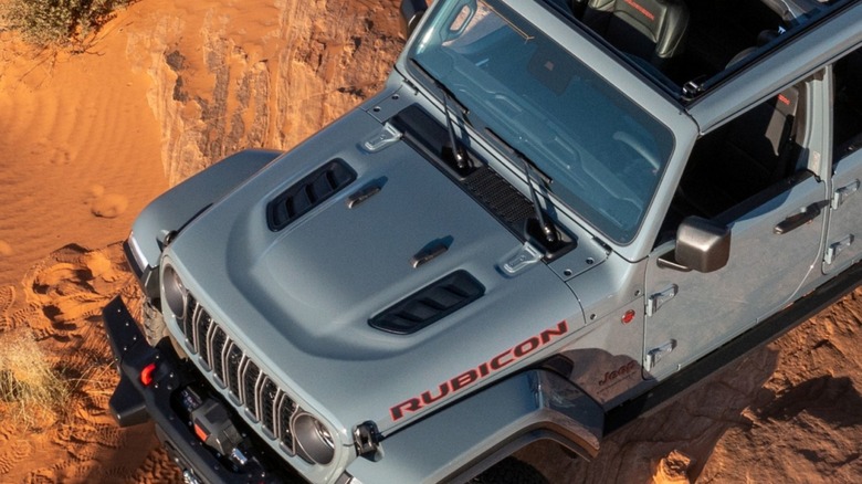 Top view of a Jeep Wrangler showing the handles on the hood.