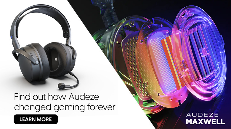 The left side depicts the Audeze Maxwell gaming headset against a white background, and the right side depicts a glowing graphic of the headset construction.