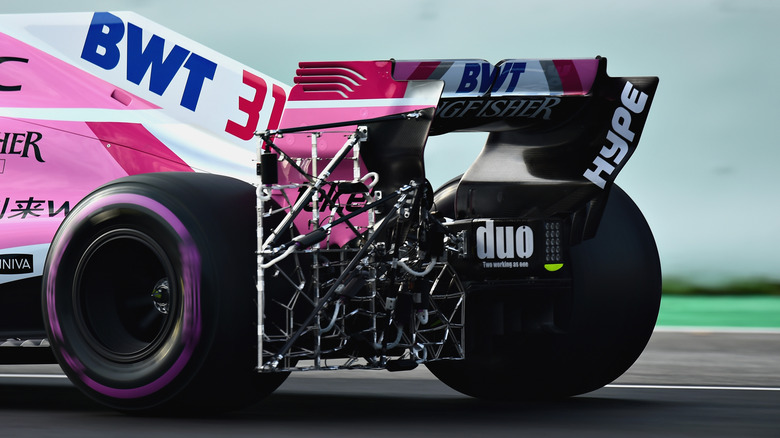Aero rakes on the rear of a BWT F1 car