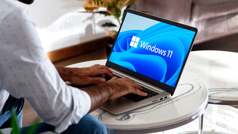 Person using a laptop, Windows 11 logo on the screen