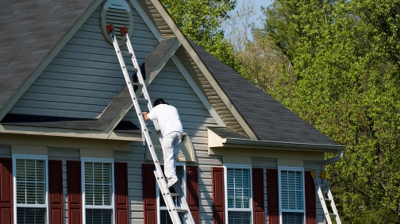 Painter climbing an extension ladder on a two story suburban home