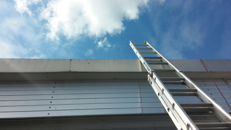 An extension ladder supported on a house