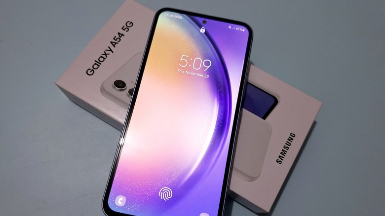 Samsung Galaxy A54 5G sitting on packaging