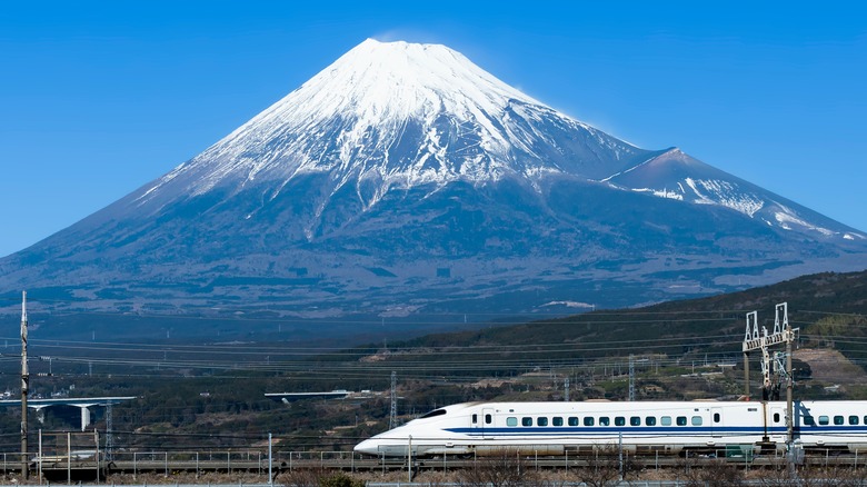 Shinkansen train running with Mount Fuji in background