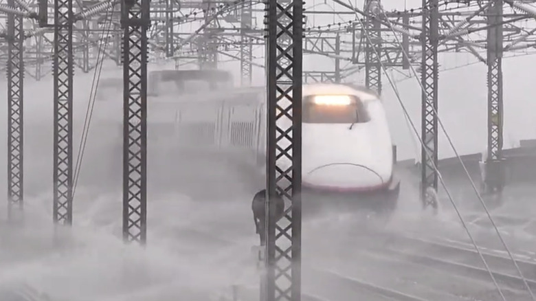 Shinkansen train gets hosed down as it enters station