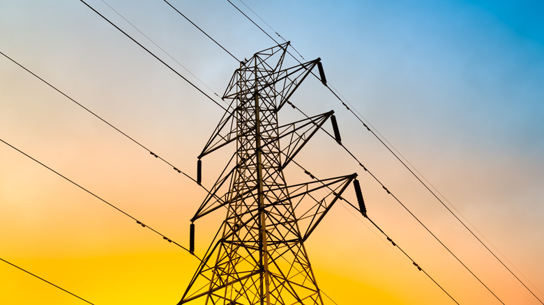 Power line photographed against skyline with vibration dampers visible.