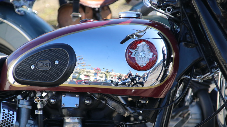 Mirror finish BSA fuel tank on a sunny day