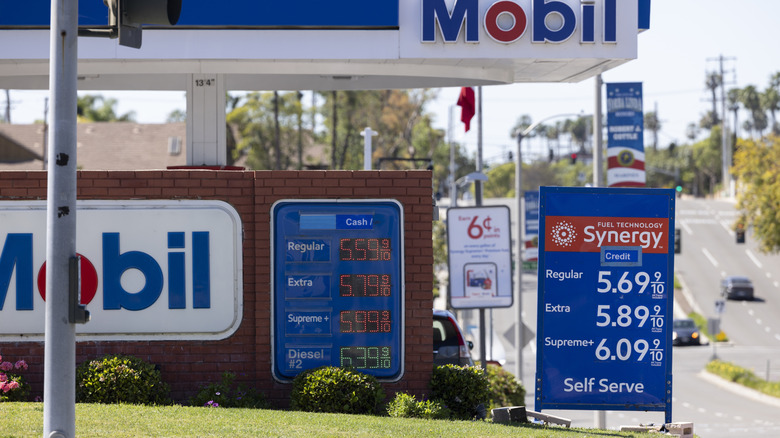 Gas price displays at a Mobil gas station.