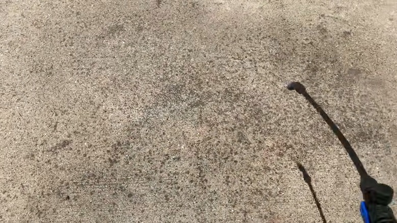 A person spraying down a moldy driveway.