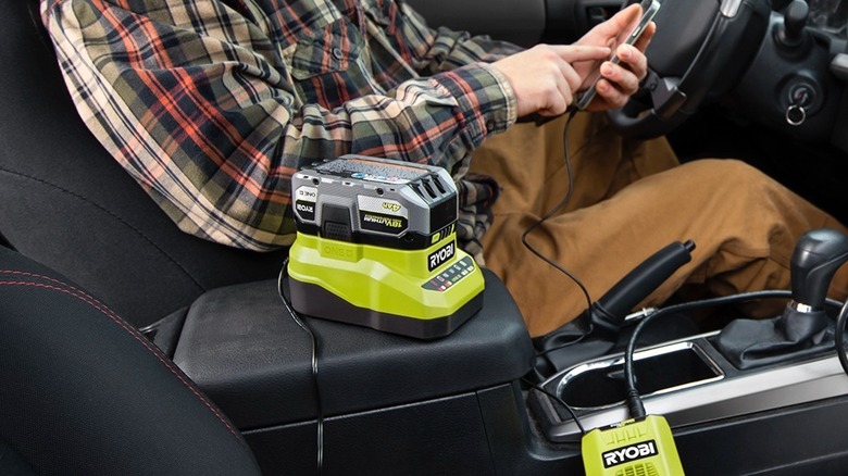 Ryobi tool battery charging in a car