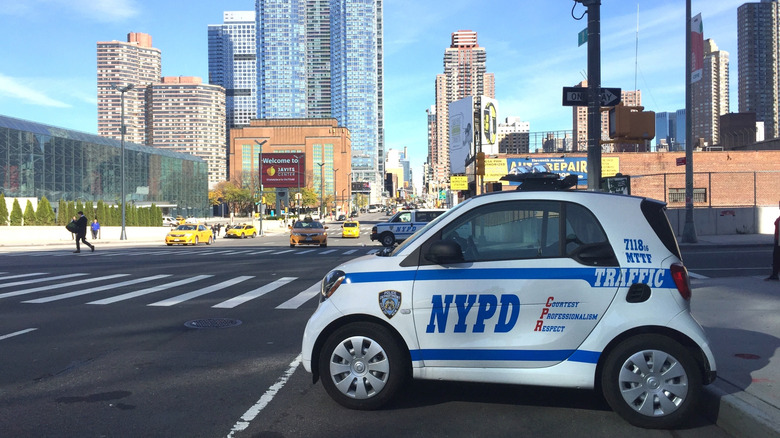 Smart Fortwo in New York Police Department livery parked in Manhattan, left-side view