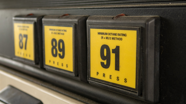 A fuel dispenser displaying gasoline with various octane ratings