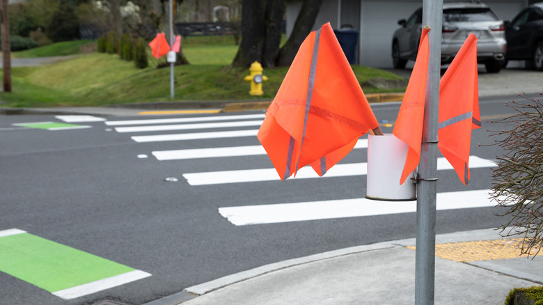 Large orange flags near a crosswalk