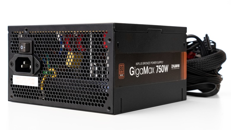 GigaMax 750W 80Plus Bronze power supply on white background.