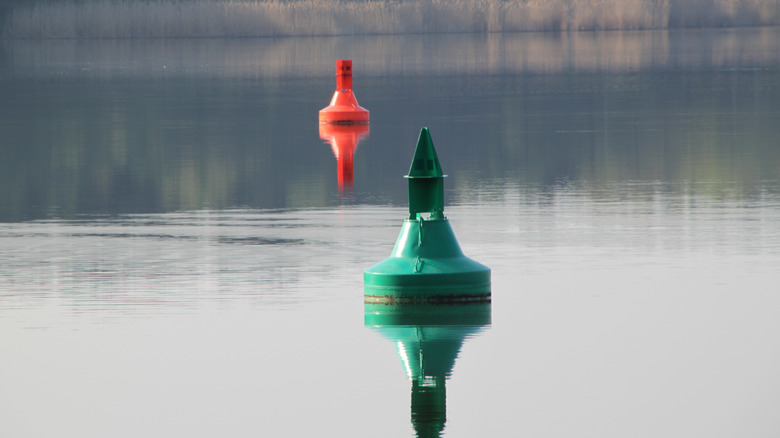 A set of green and red buoys in a lake