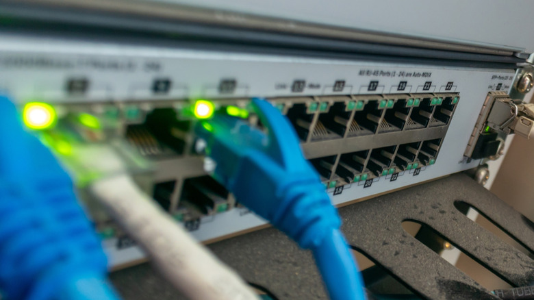 Close-up image of a modern ethernet switch with network cables connected. The illuminated indicators signal active connections within a data network setup.
