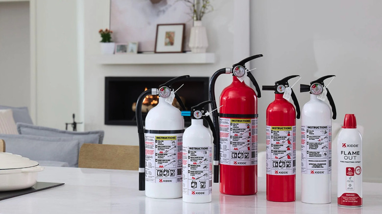 Various Kiddie brand home fire extinguishers on a counter