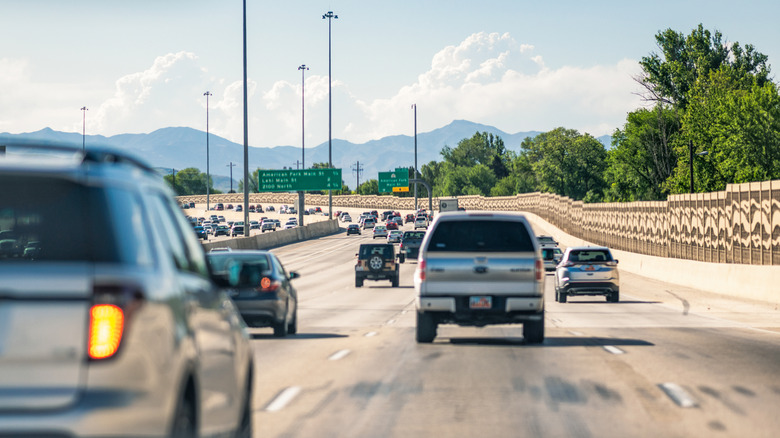 Cars driving on a busy U.S. road.