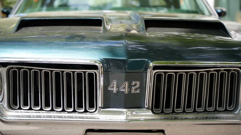 Close up of 442 badge on early 1970s Oldsmobile 442