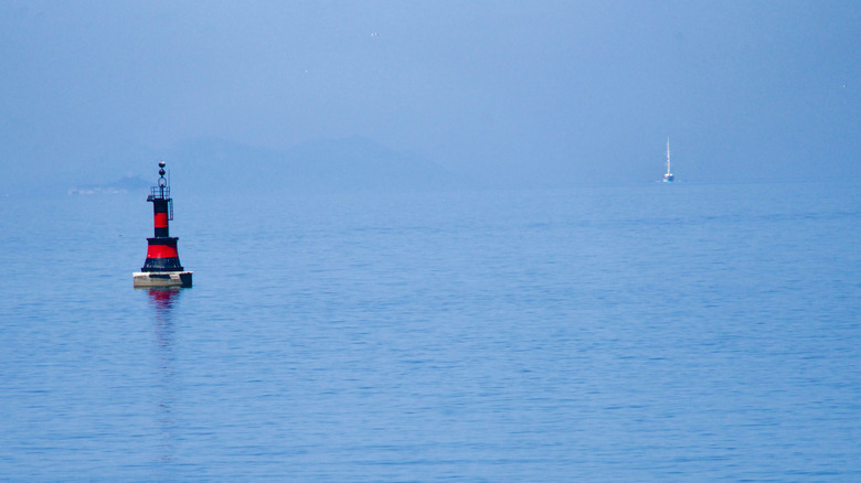 A black and red buoy with a sailboat in the background