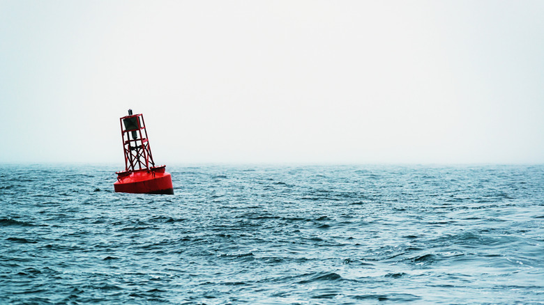 Offshore navigational buoy floating in water.