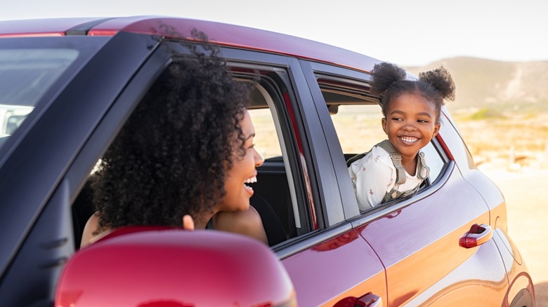 woman and child in car