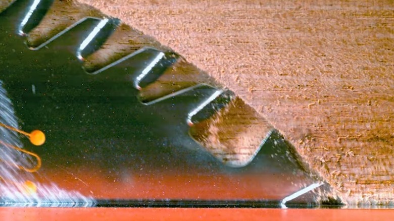 Slow motion close up of tablesaw cutting wood