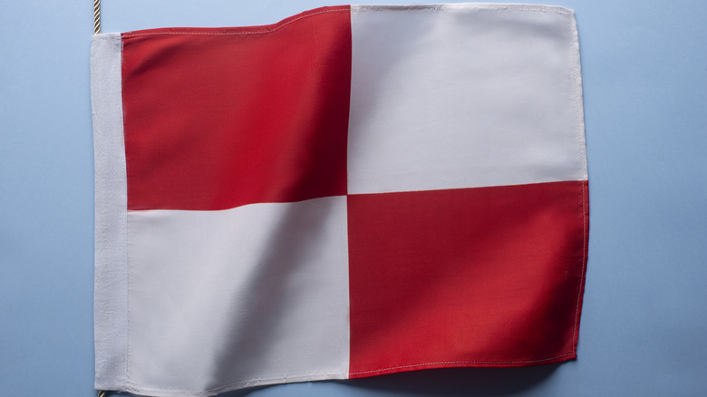 The red and white ICS Uniform flag shown against a blue background