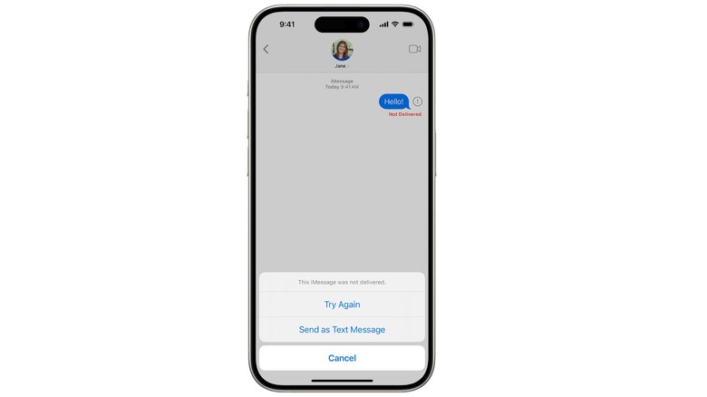 Try again and Send as Text Message options in the red exclamation mark menu.
