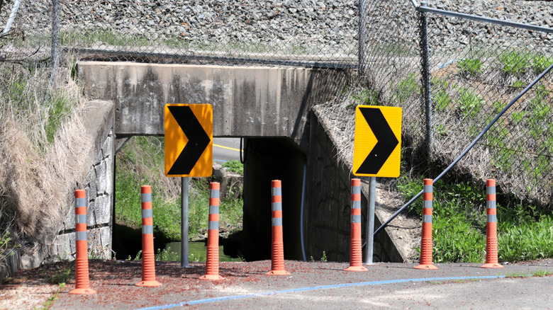 Chevron signs marking a curve in the road