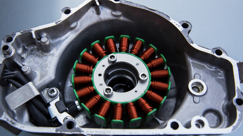 Close-up of stator in motorcycle engine