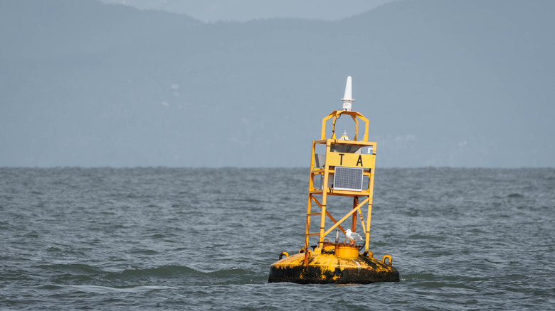 Yellow buoy at sea, front view